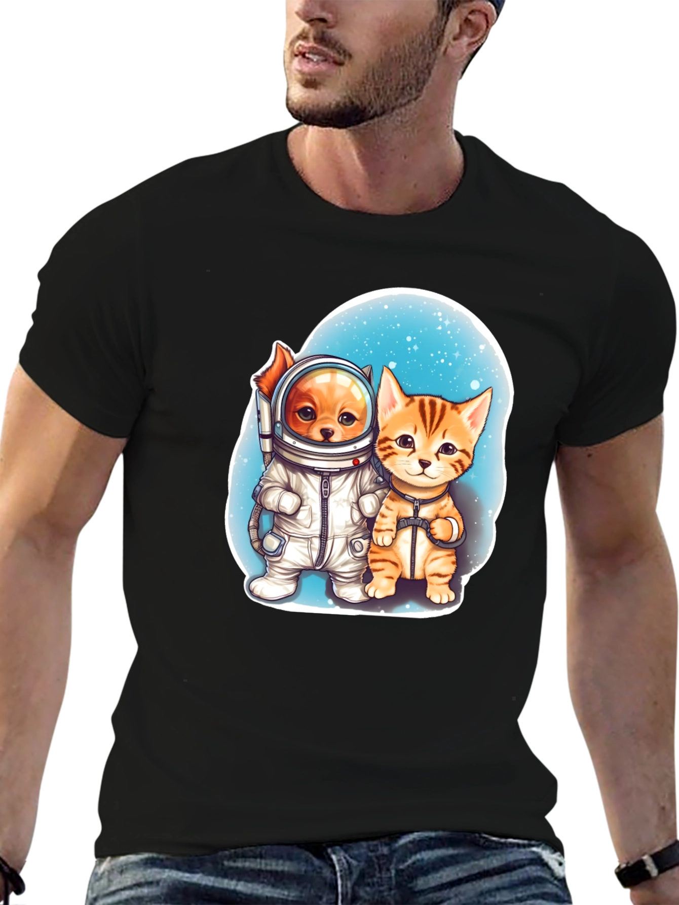 Astronaut Dog & Cat Graphic Tee - Space Adventure!