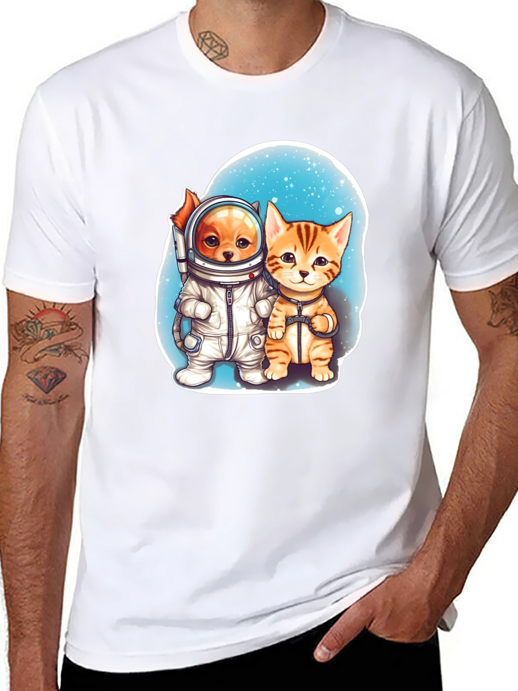 Astronaut Dog & Cat Graphic Tee - Space Adventure!