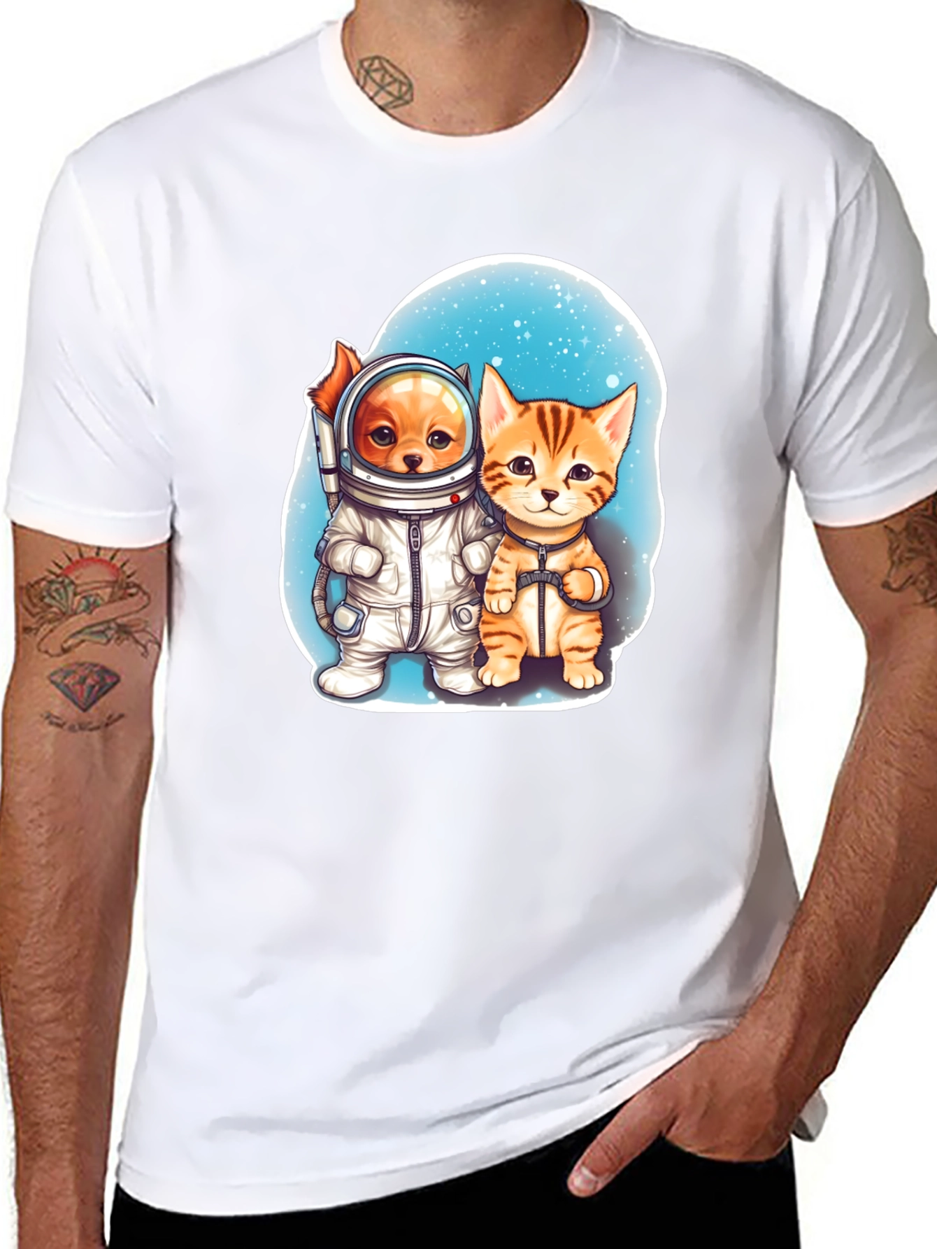 Astronaut Dog & Cat Graphic Tee - Space Adventure!