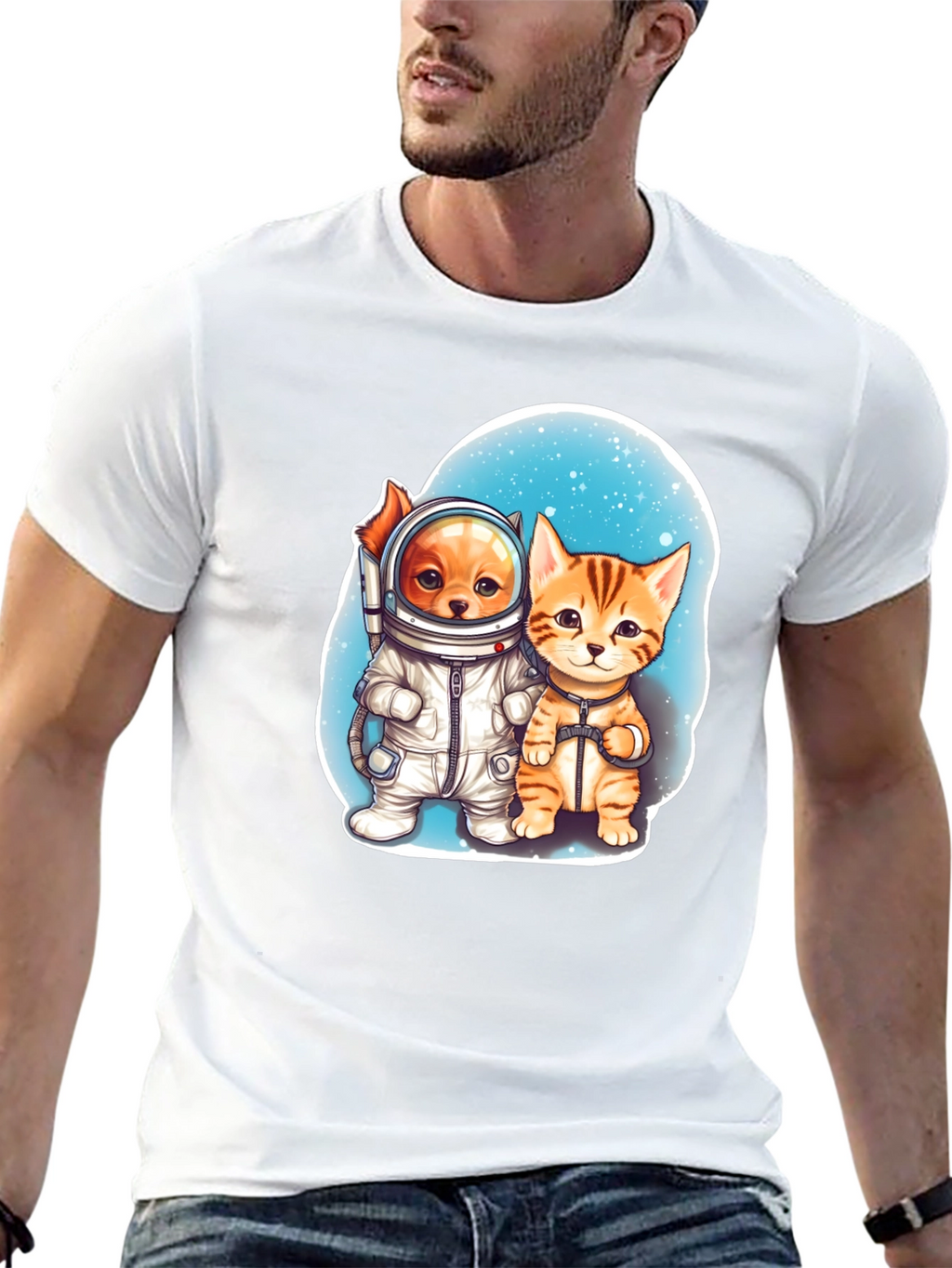 Astronaut Dog & Cat Graphic Tee - Space Adventure!