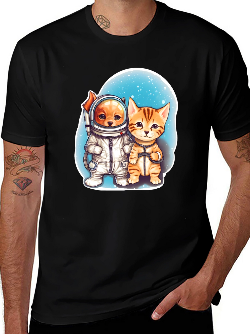Astronaut Dog & Cat Graphic Tee - Space Adventure!