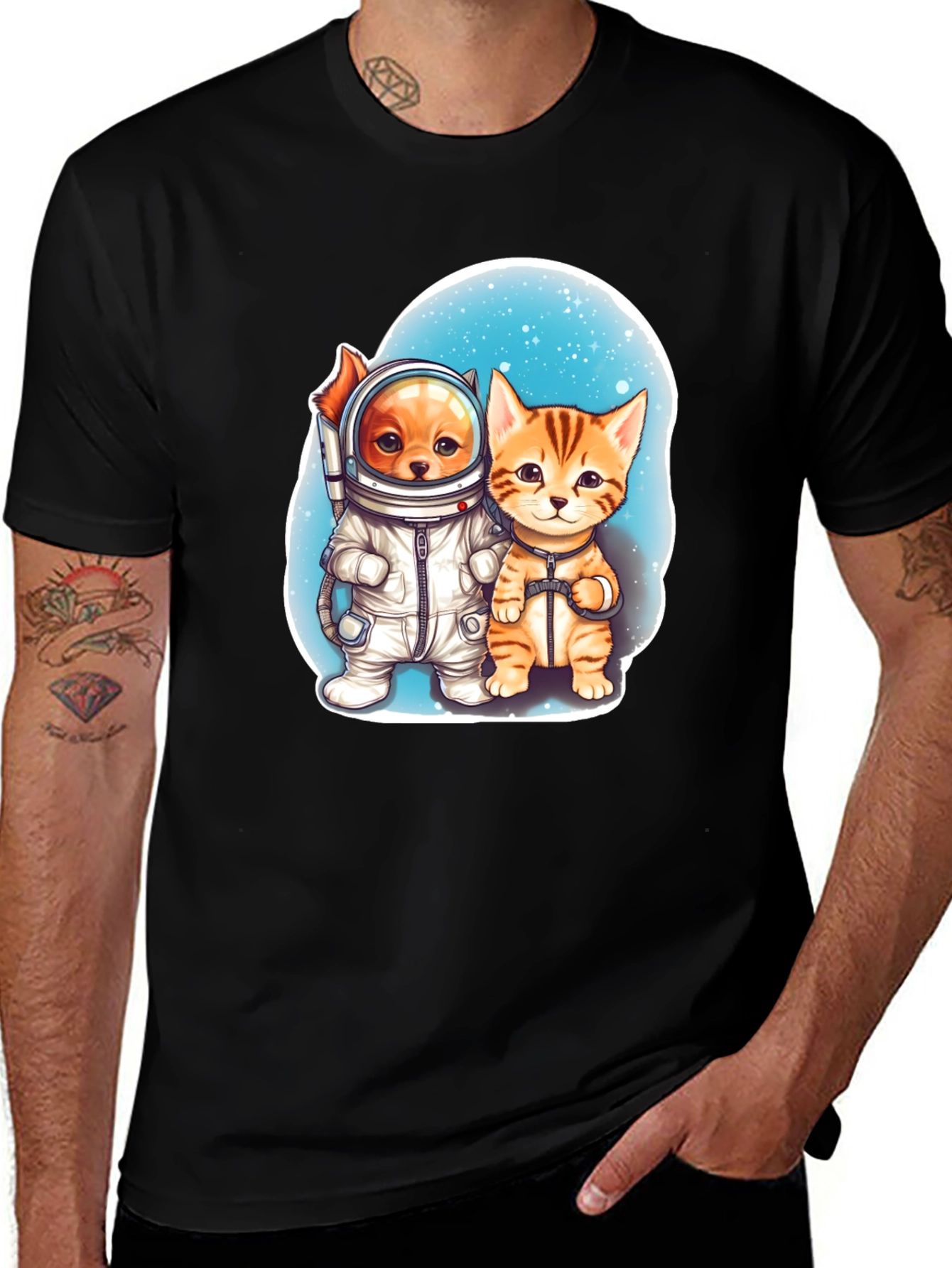 Astronaut Dog & Cat Graphic Tee - Space Adventure!