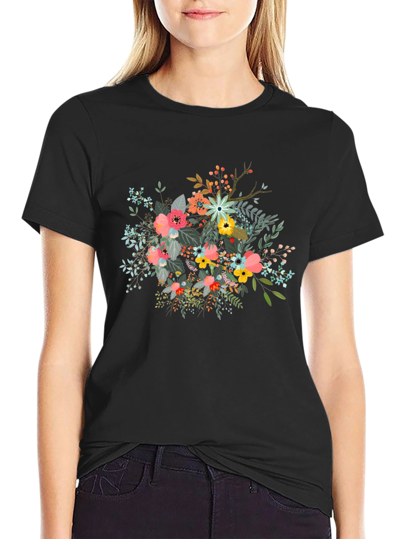 Floral Print Black T-Shirt - Stylish and Comfortable