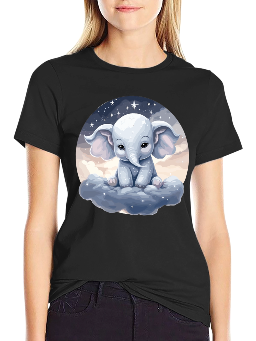 Cute Elephant on Cloud Black T-Shirt