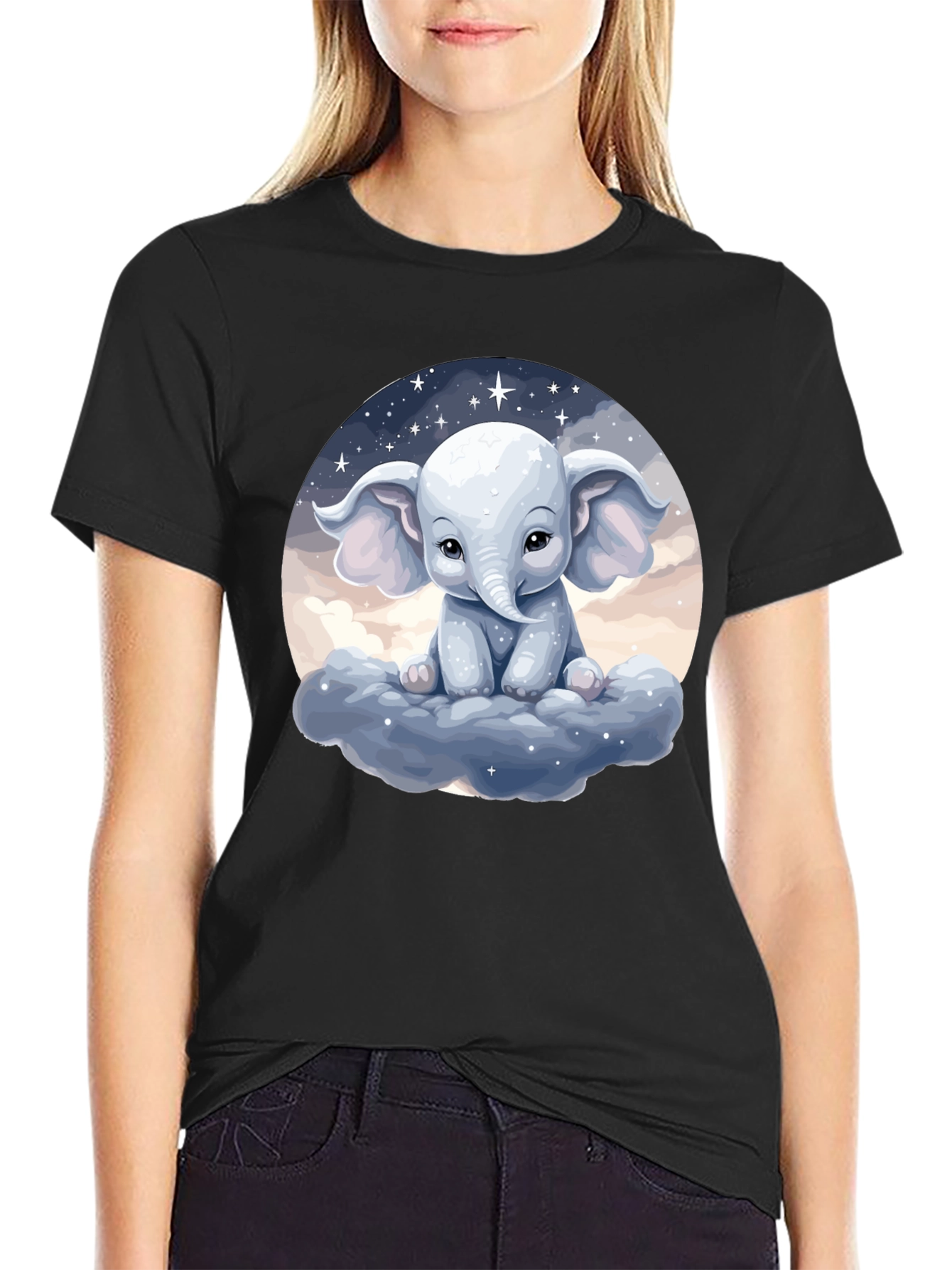 Cute Elephant on Cloud Black T-Shirt