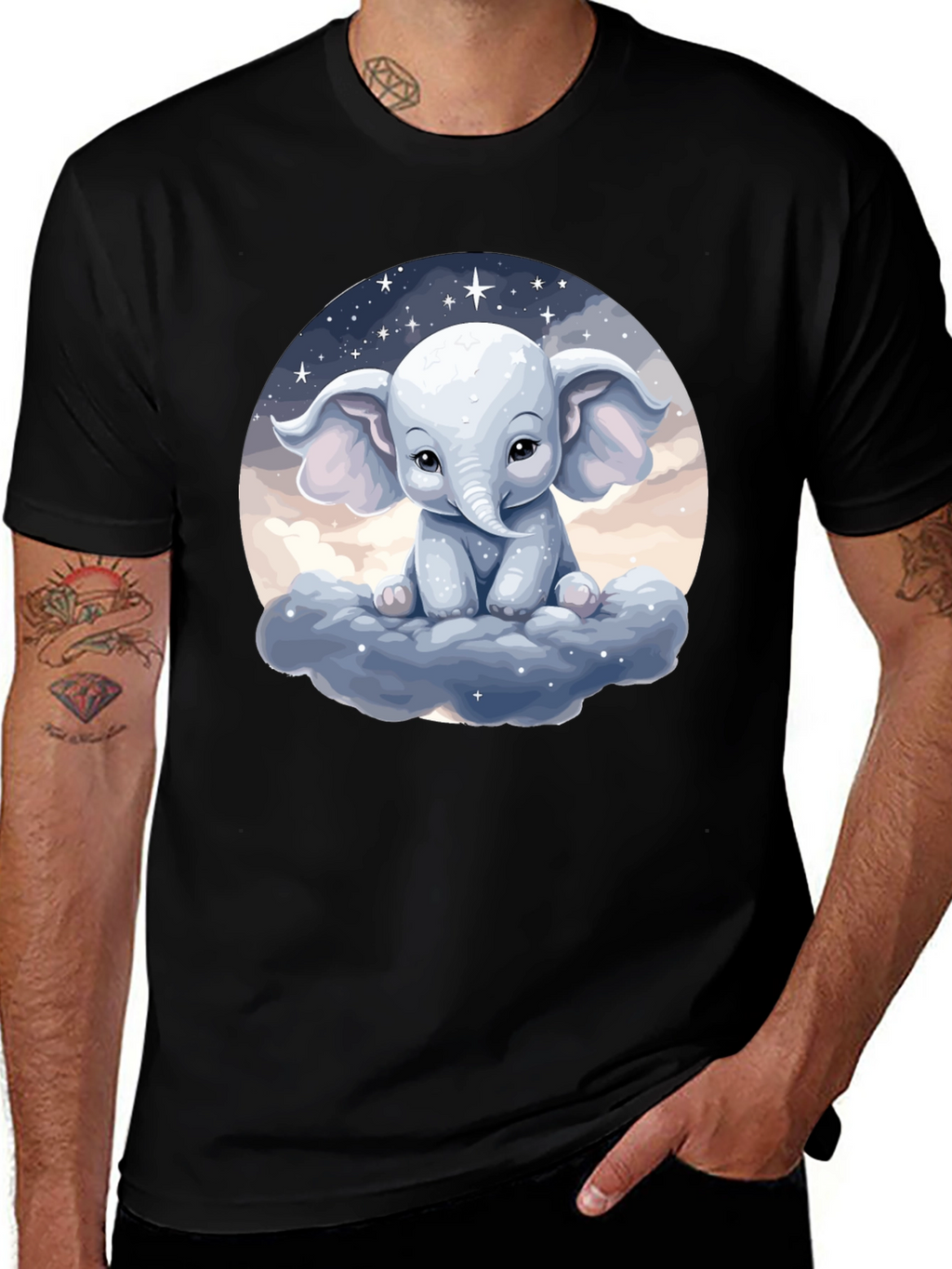 Cute Elephant on Cloud Black T-Shirt
