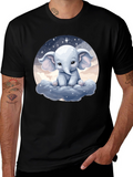 Cute Elephant on Cloud Black T-Shirt