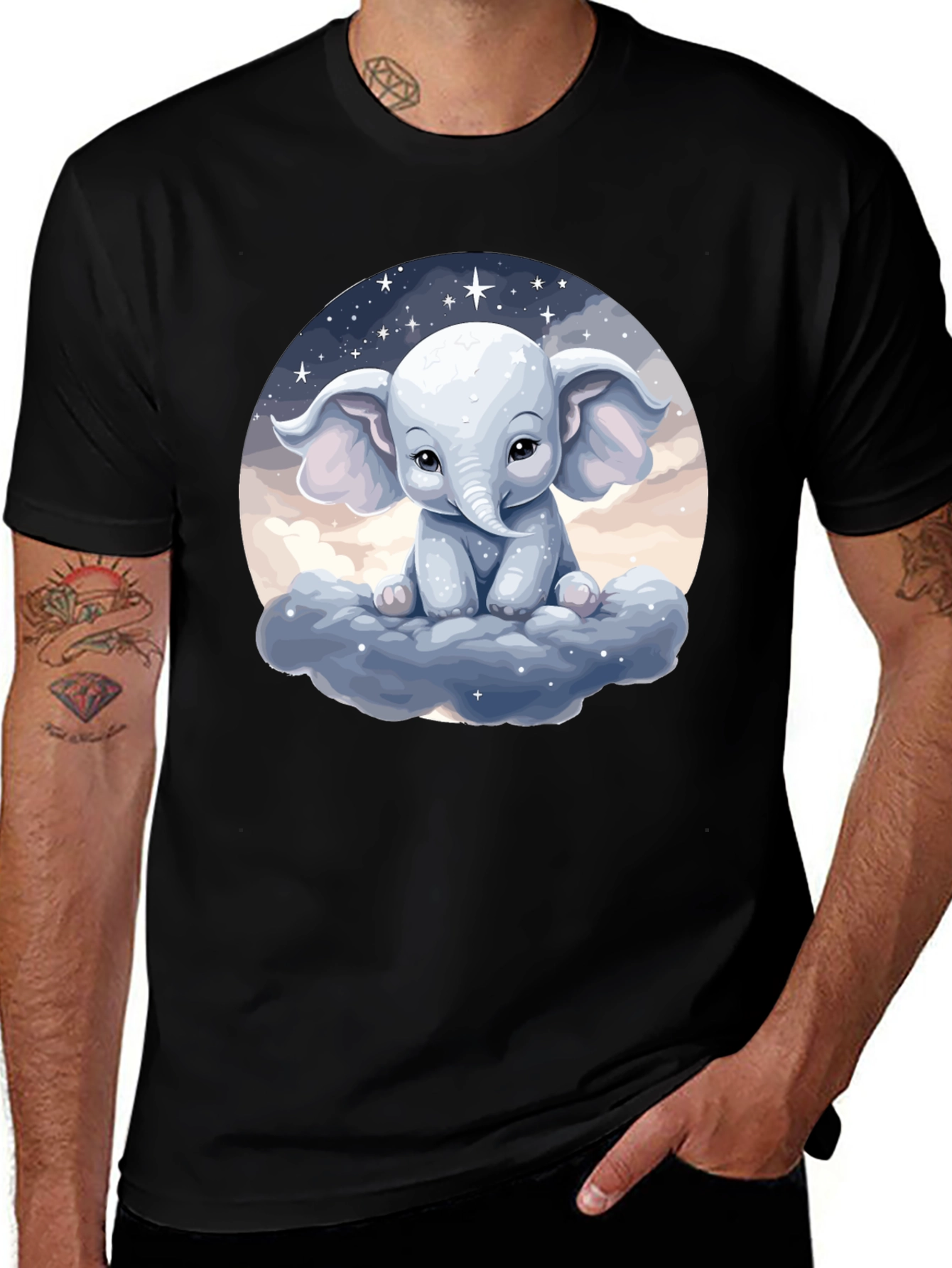 Cute Elephant on Cloud Black T-Shirt