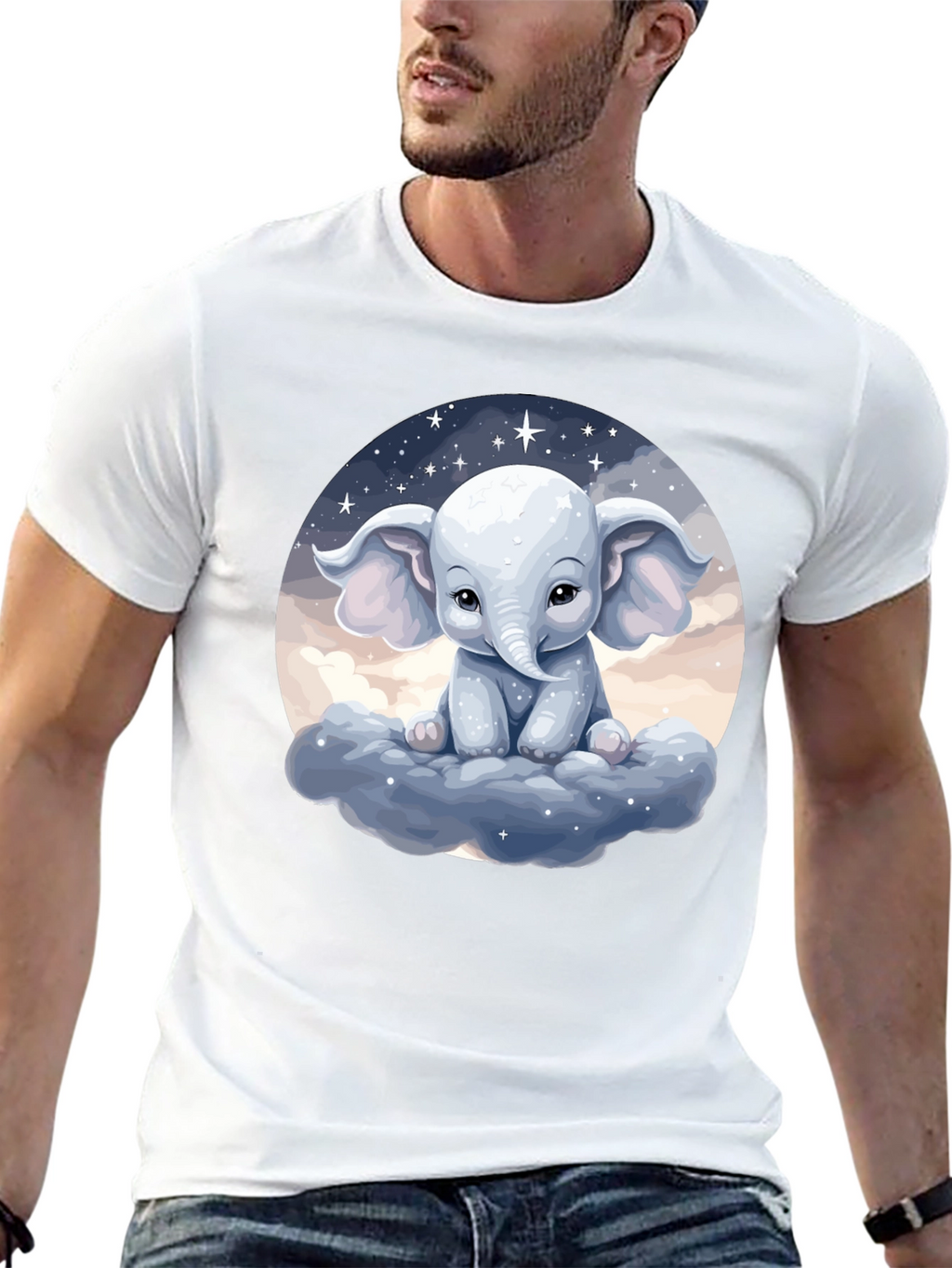 Cute Elephant on Cloud Black T-Shirt