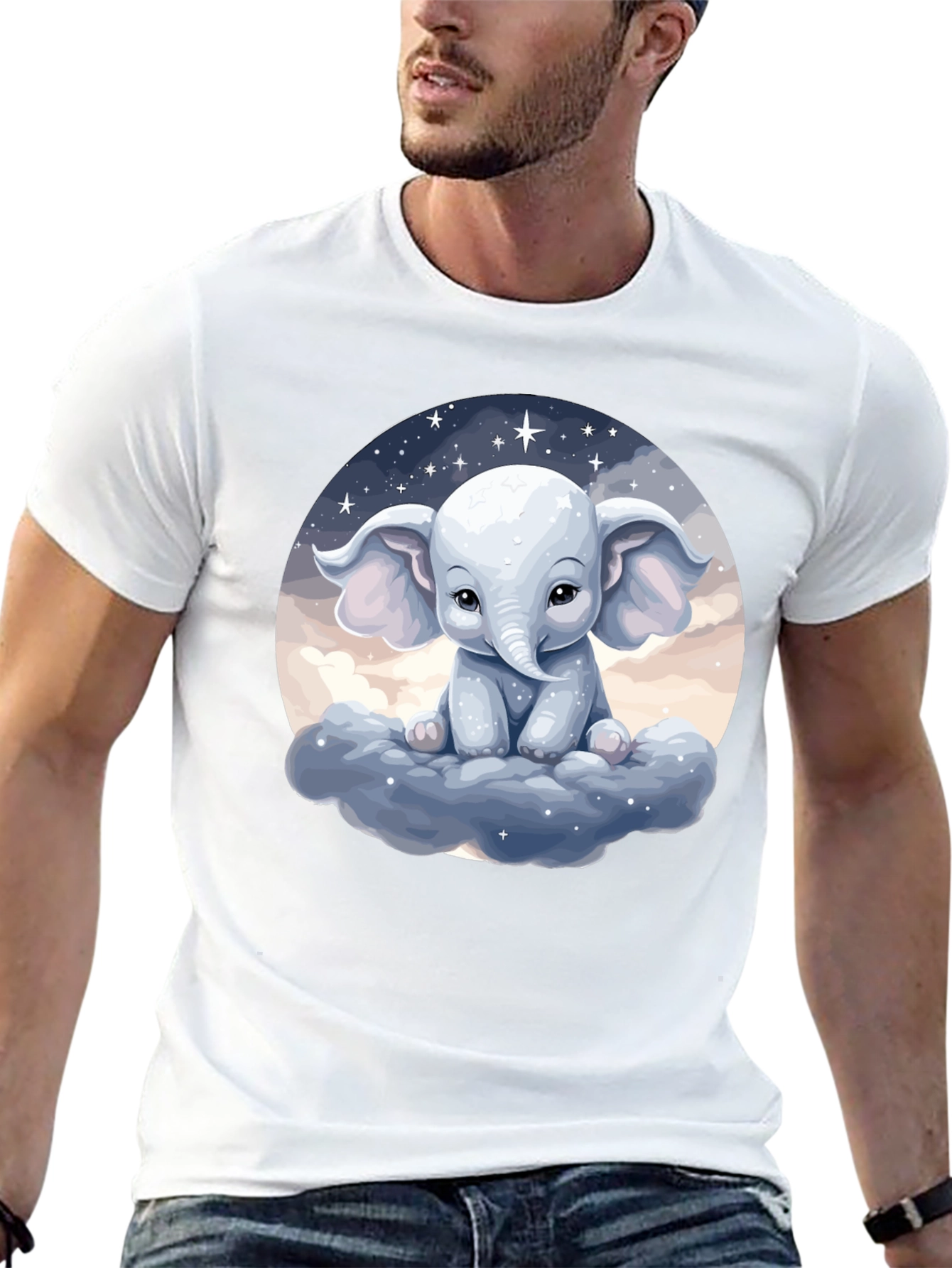 Cute Elephant on Cloud Black T-Shirt