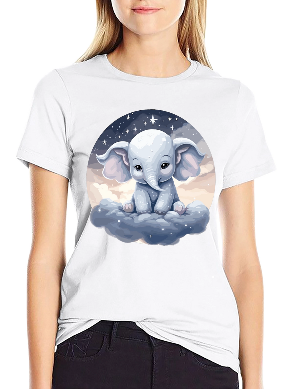 Cute Elephant on Cloud Black T-Shirt