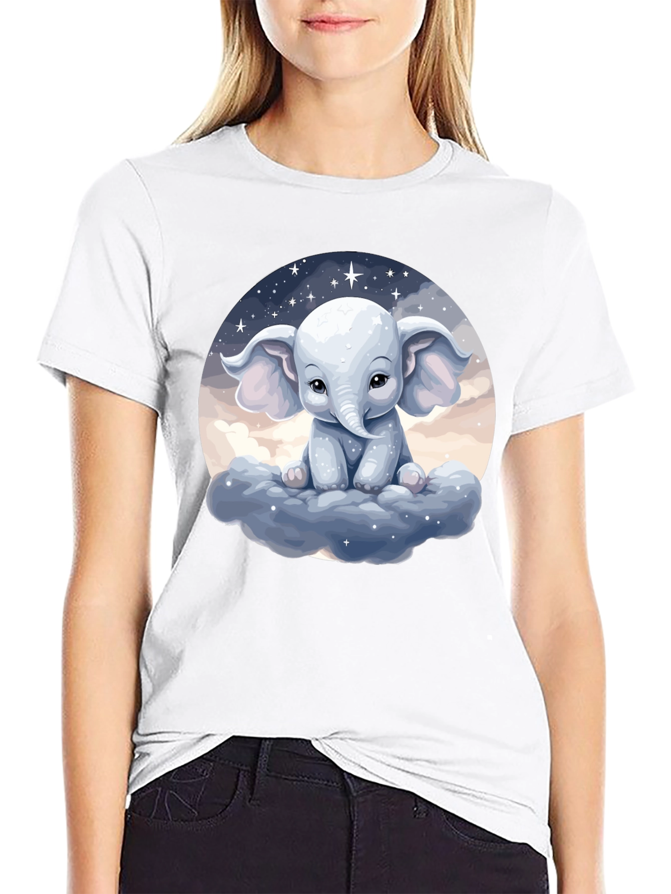 Cute Elephant on Cloud Black T-Shirt