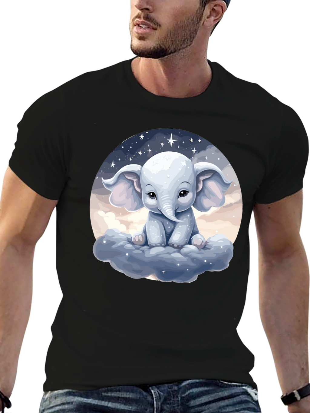 Cute Elephant on Cloud Black T-Shirt