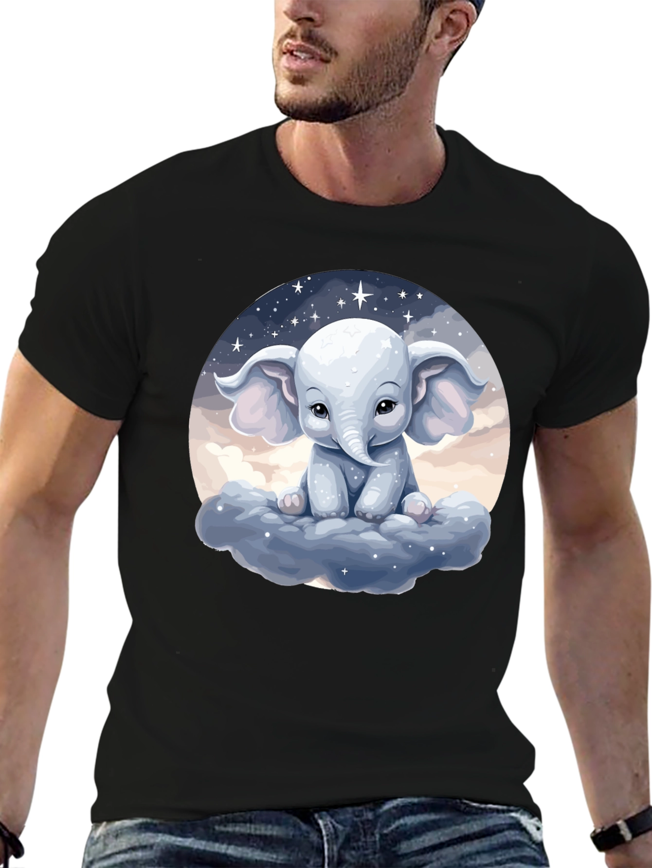 Cute Elephant on Cloud Black T-Shirt