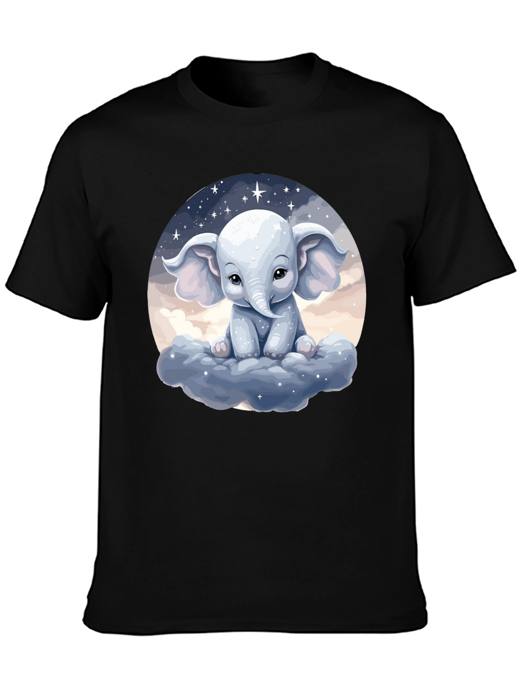 Cute Elephant on Cloud Black T-Shirt