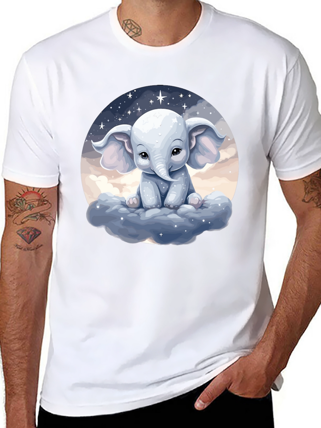 Cute Elephant on Cloud Black T-Shirt