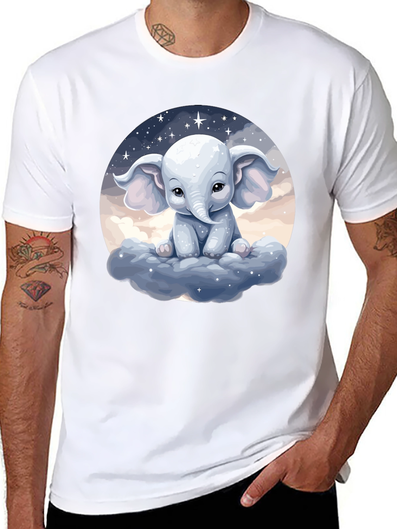 Cute Elephant on Cloud Black T-Shirt
