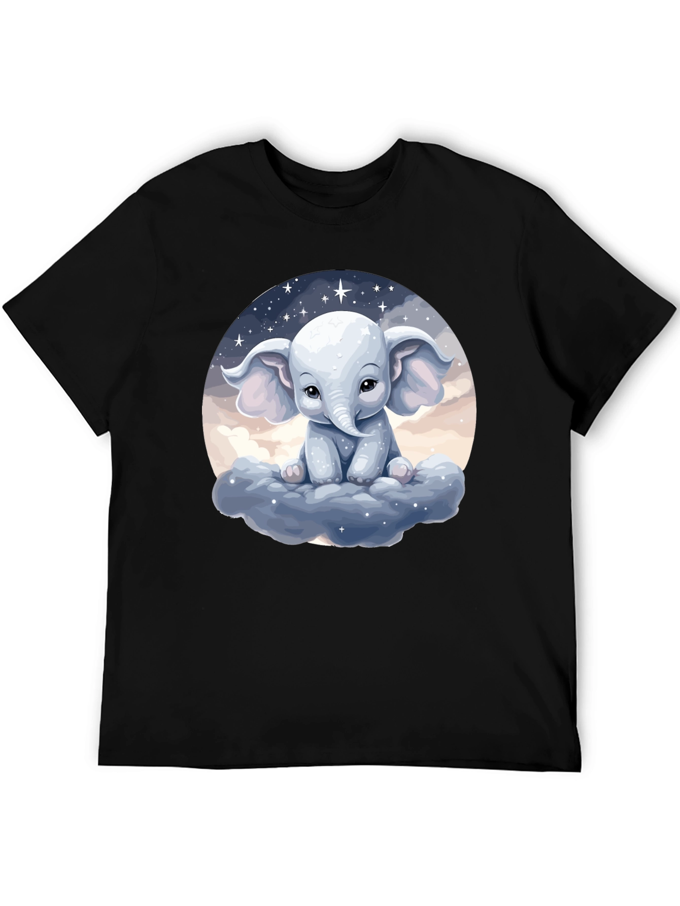 Cute Elephant on Cloud Black T-Shirt