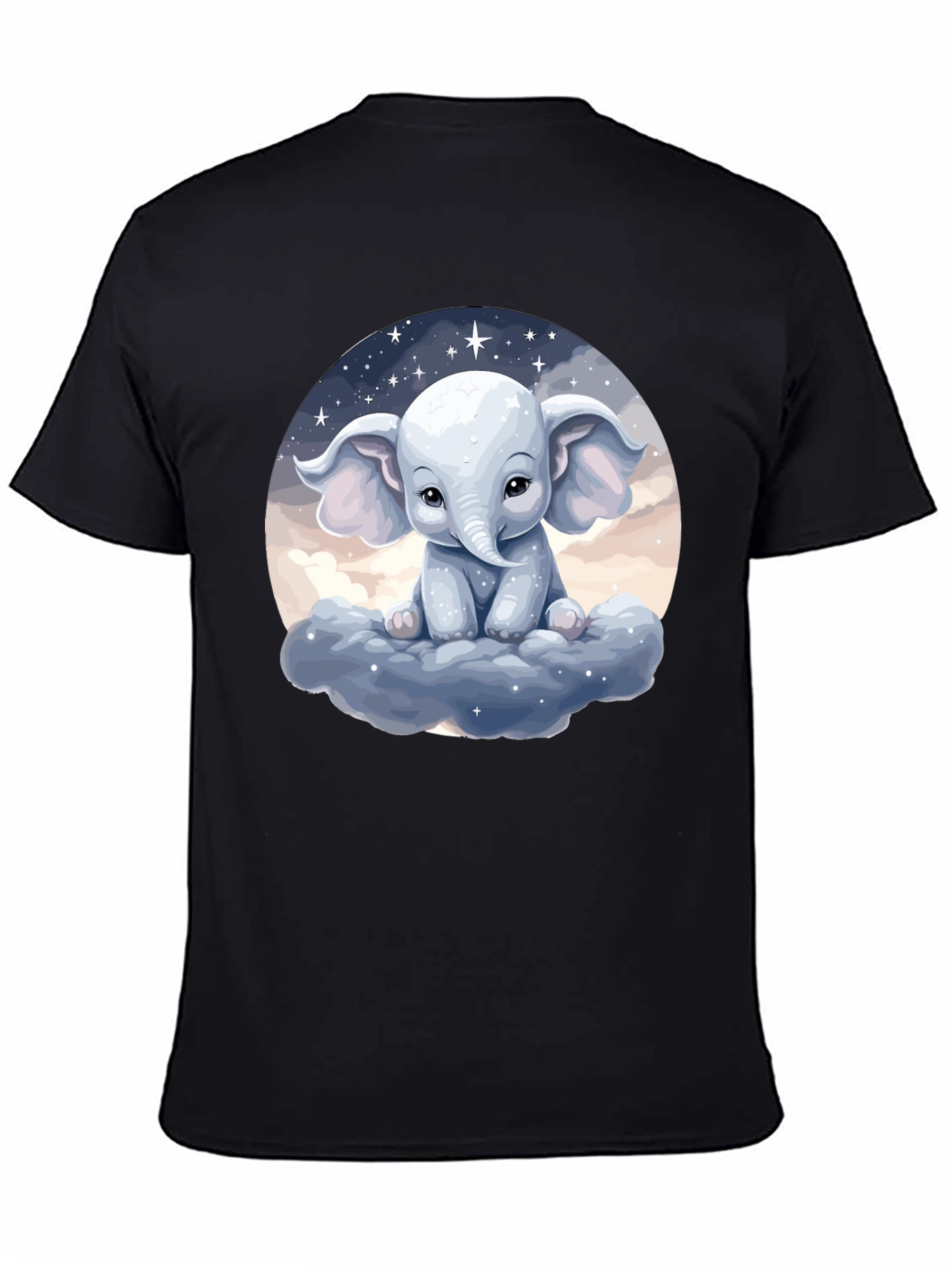 Cute Elephant on Cloud Black T-Shirt