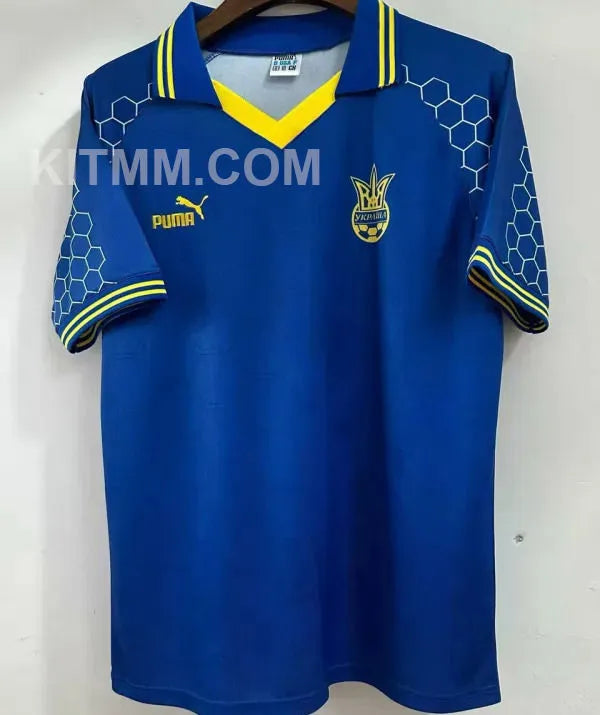 1998 Ukraine Away Blue Retro Fans Soccer Jersey Front