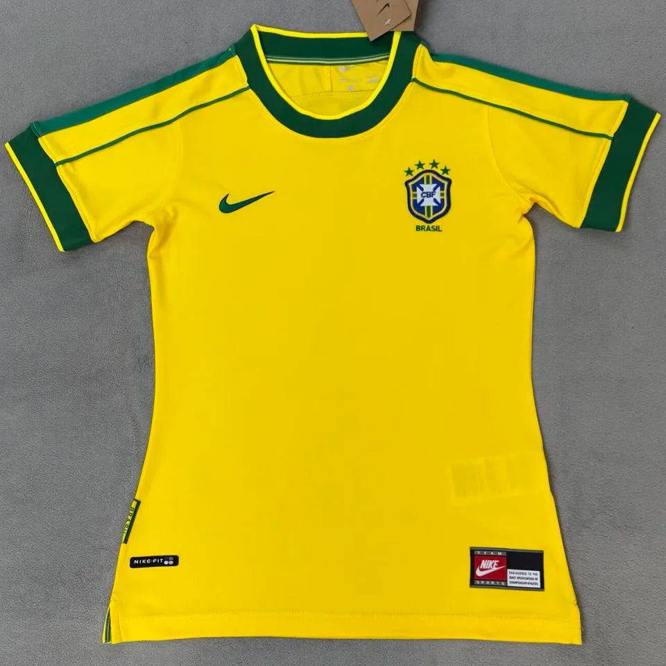 1998 Brazil Home Yellow Retro Women Soccer Jersey 女 Front