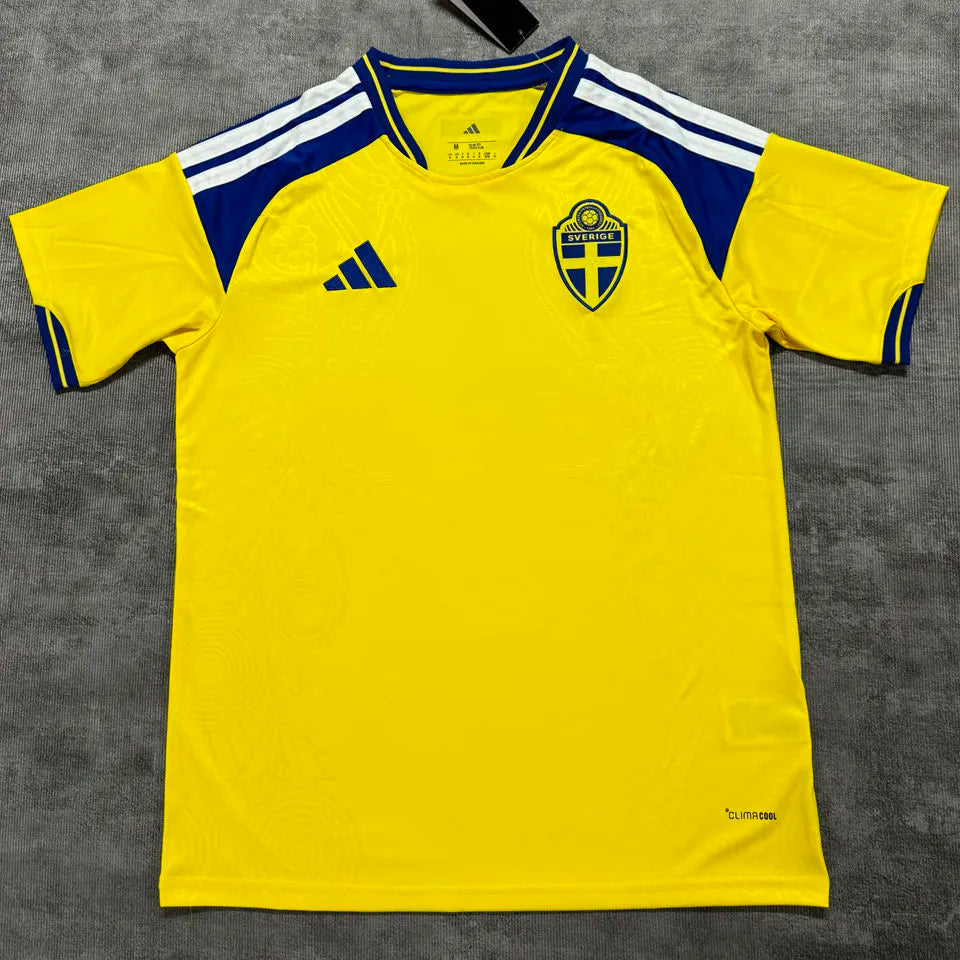 2026/27 Sweden Home Yellow Fans Soccer Jersey (Have Right Patch 有右臂章 黑底白字） Back