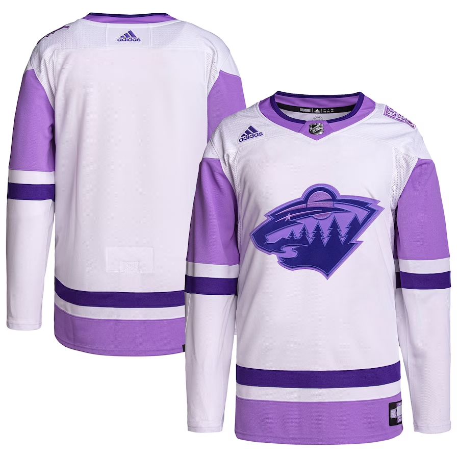 Men's Minnesota Wild White/Purple Hockey Fights Cancer Primegreen Authentic Blank Practice Jerseys