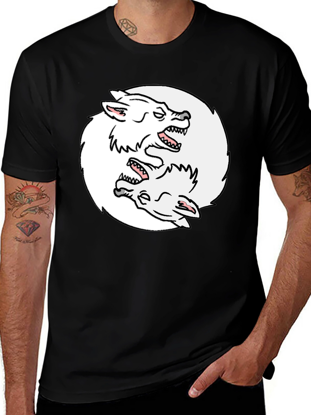 Yin Yang Wolves Graphic Tee - Black Cotton T-Shirt