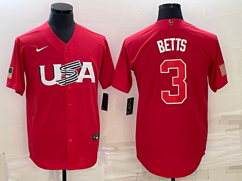Men's 2023 World Baseball Classic #3 Mookie Betts USA Red Jerseys