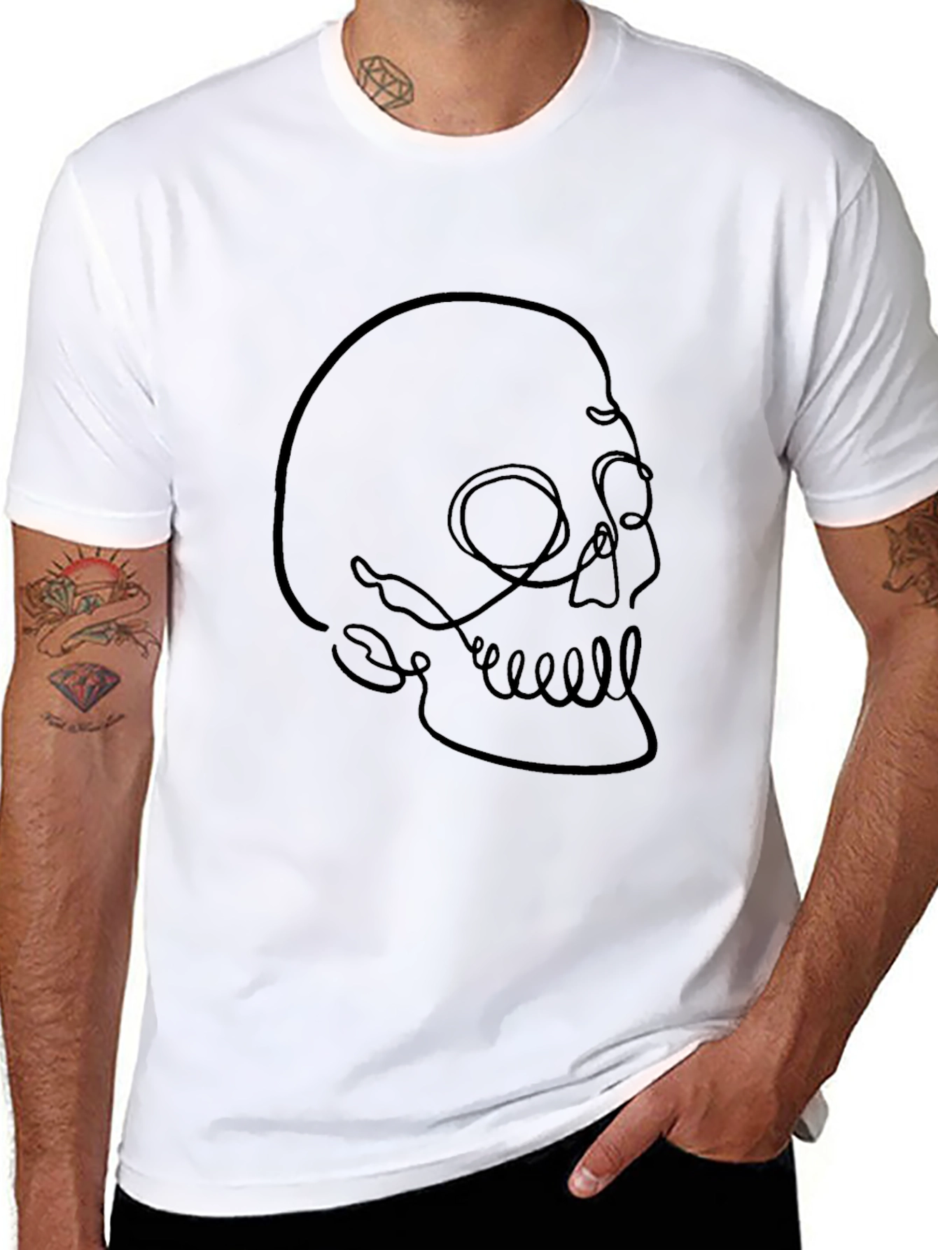 Minimalist Skull Line Art Black T-Shirt