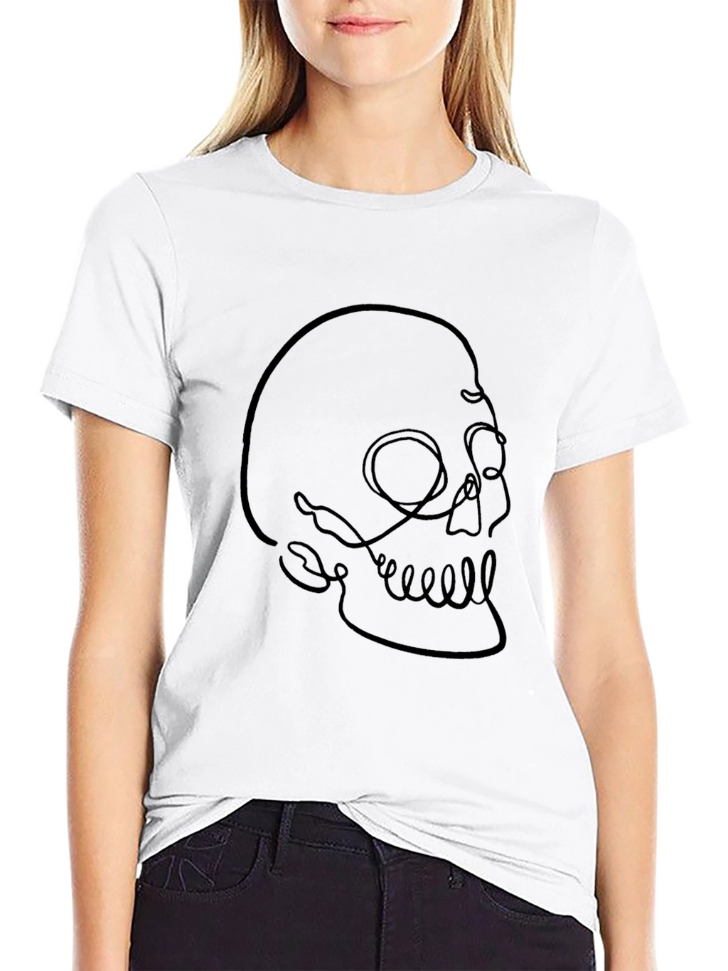 Minimalist Skull Line Art Black T-Shirt