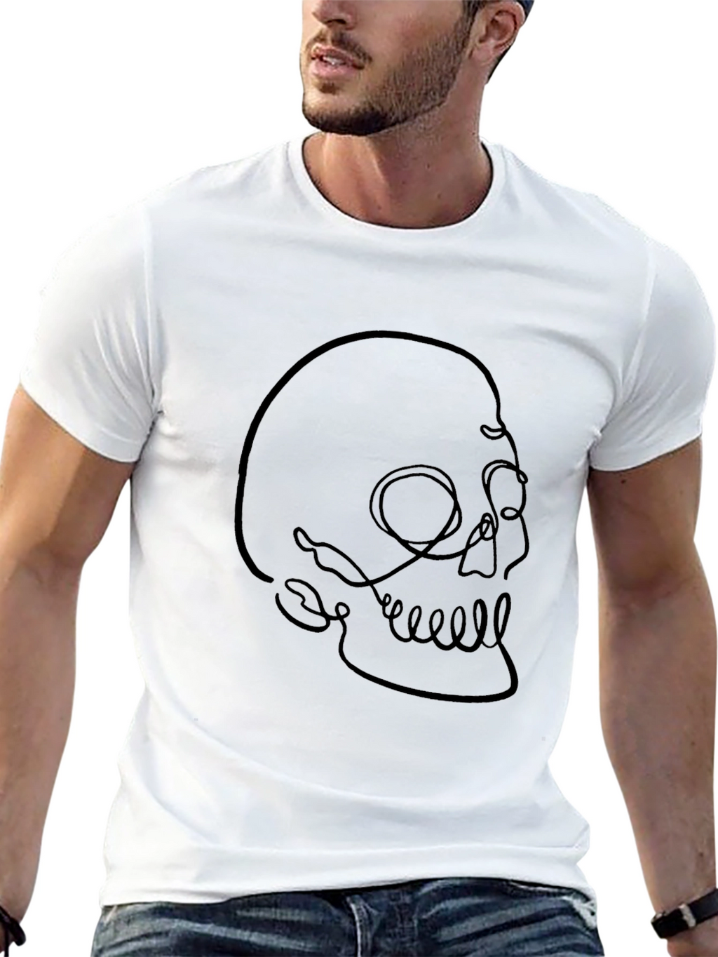 Minimalist Skull Line Art Black T-Shirt