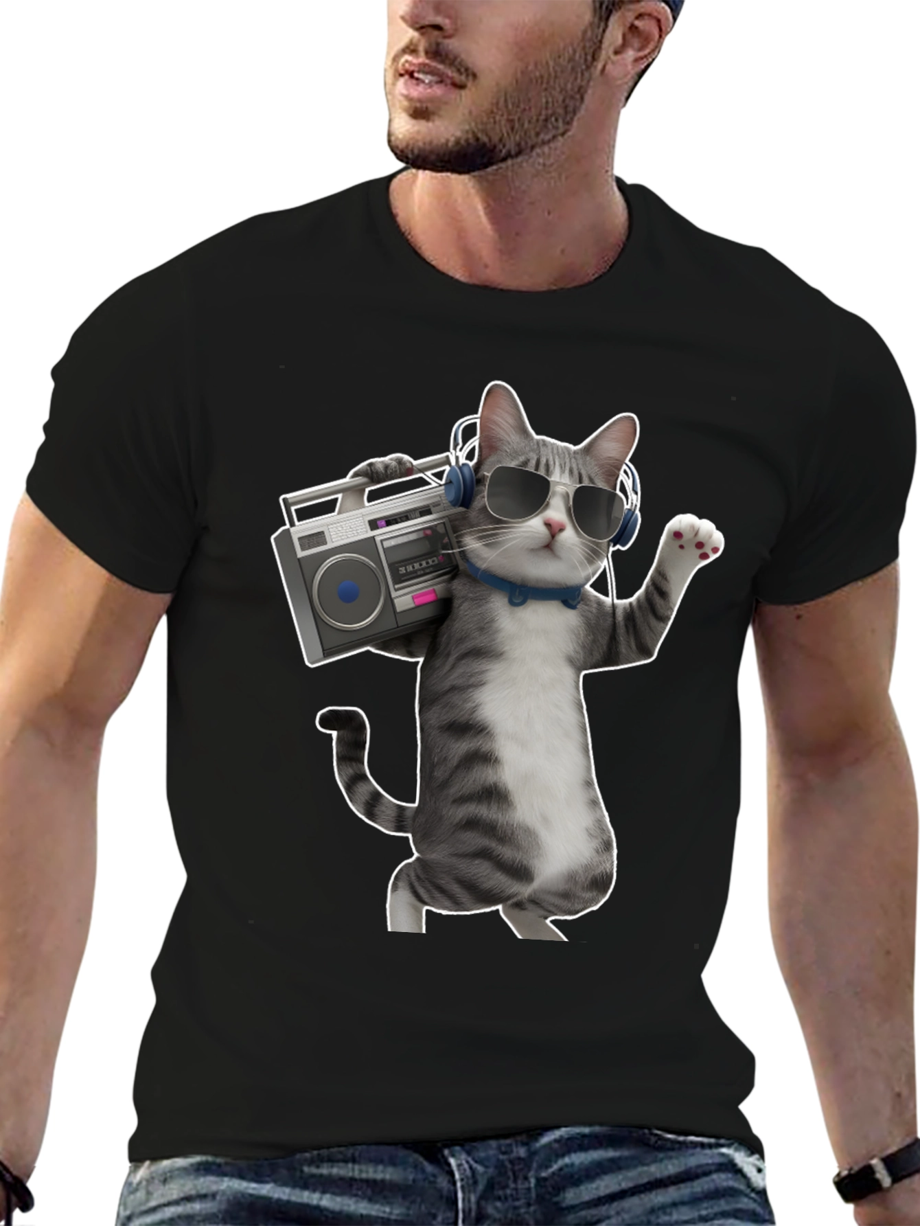 Cool Cat with Boombox Graphic T-Shirt