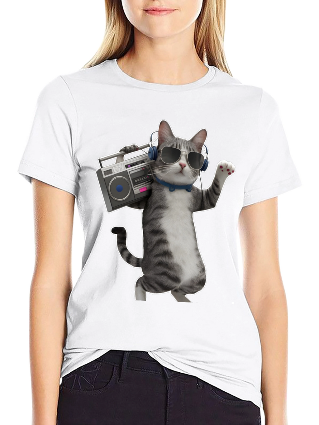 Cool Cat with Boombox Graphic T-Shirt