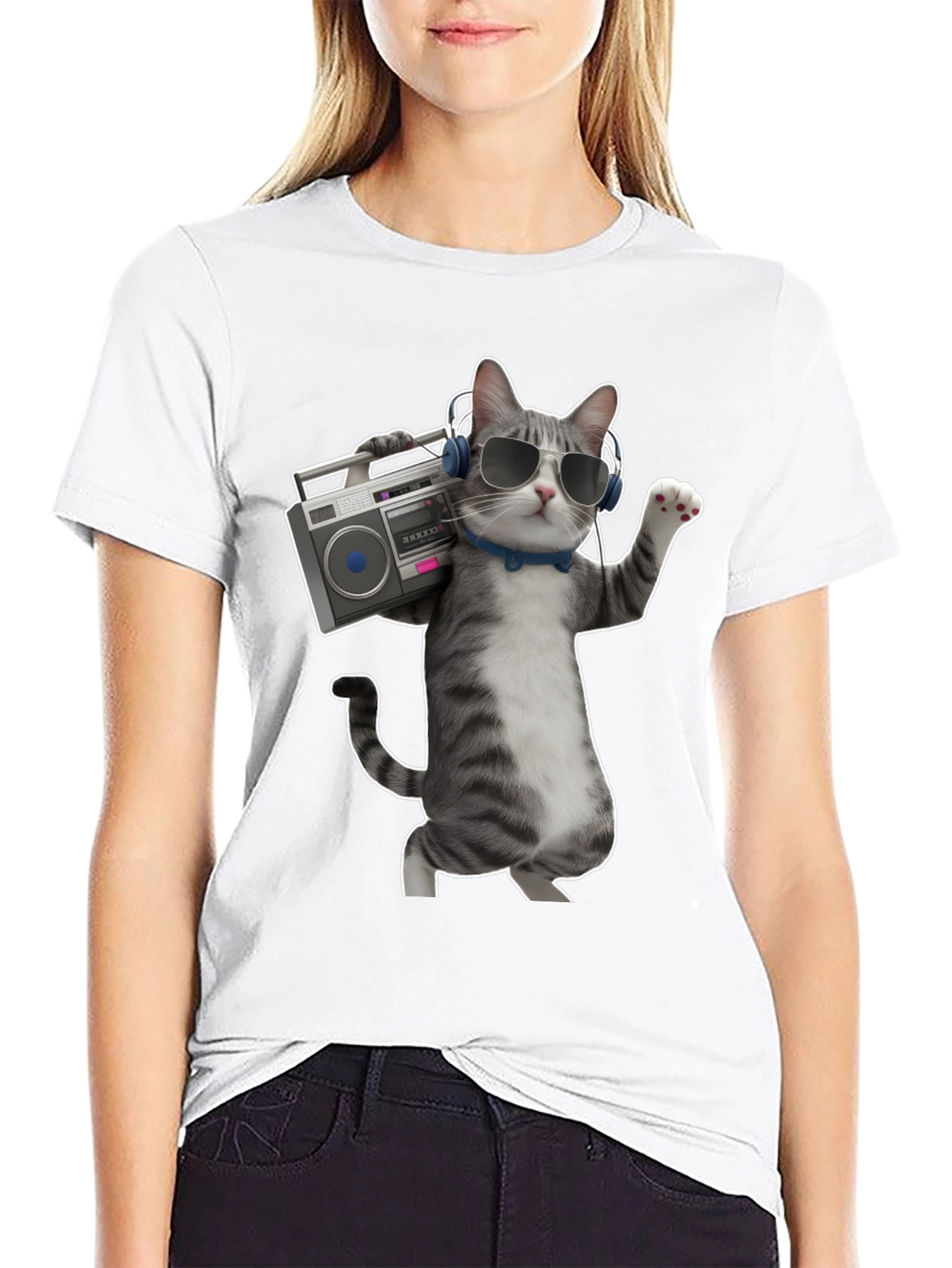 Cool Cat with Boombox Graphic T-Shirt