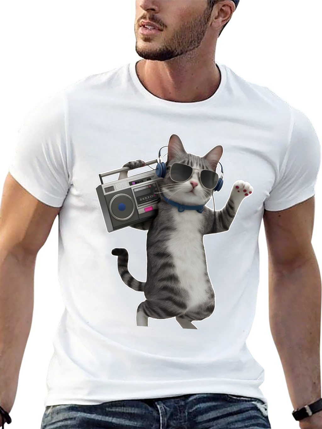 Cool Cat with Boombox Graphic T-Shirt