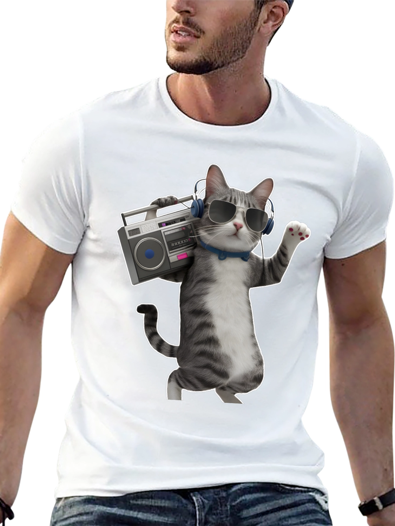 Cool Cat with Boombox Graphic T-Shirt