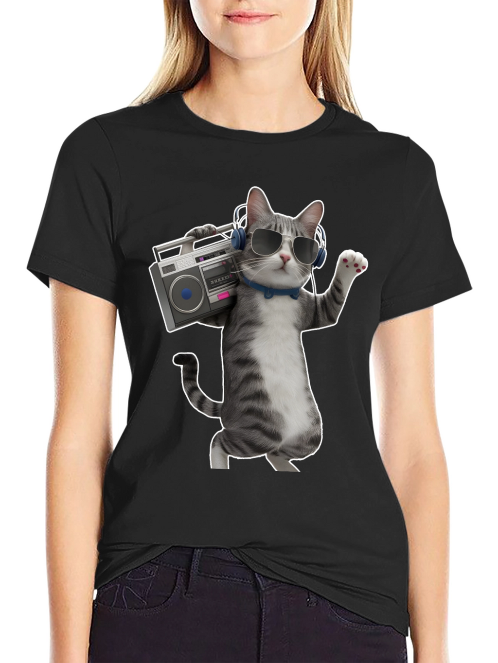 Cool Cat with Boombox Graphic T-Shirt