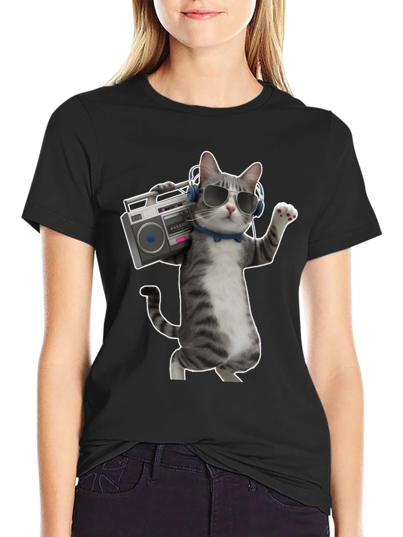 Cool Cat with Boombox Graphic T-Shirt