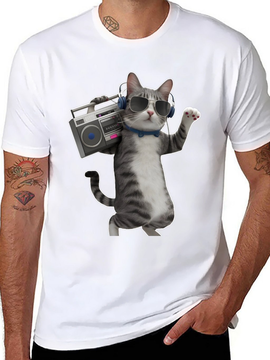 Cool Cat with Boombox Graphic T-Shirt