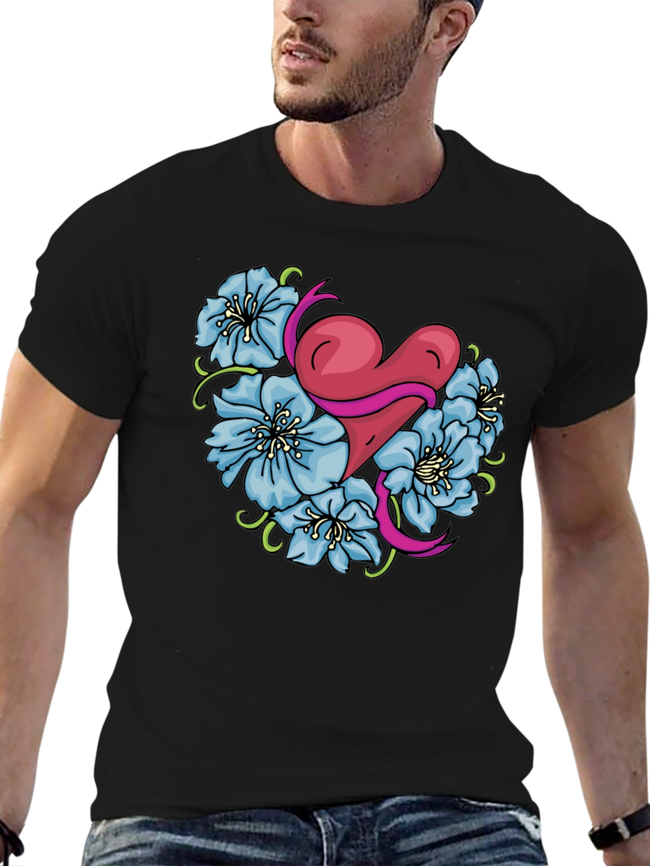 Heart & Flowers Graphic Tee - Stylish Black Shirt