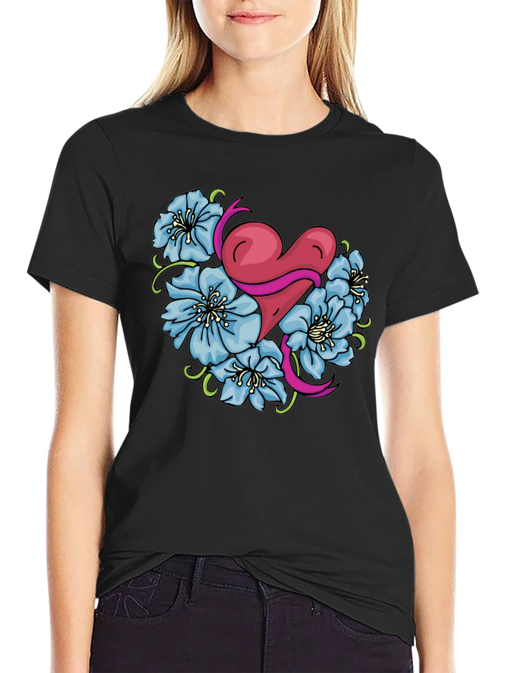 Heart & Flowers Graphic Tee - Stylish Black Shirt