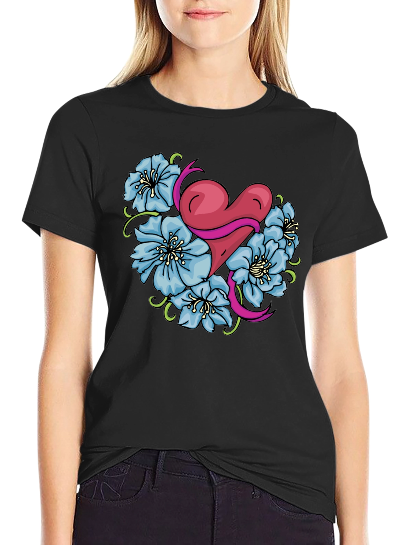 Heart & Flowers Graphic Tee - Stylish Black Shirt
