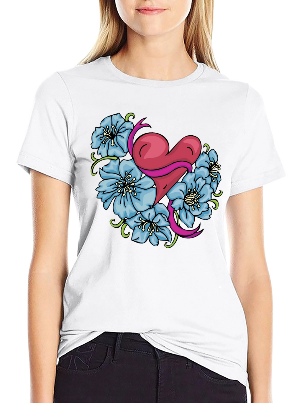 Heart & Flowers Graphic Tee - Stylish Black Shirt