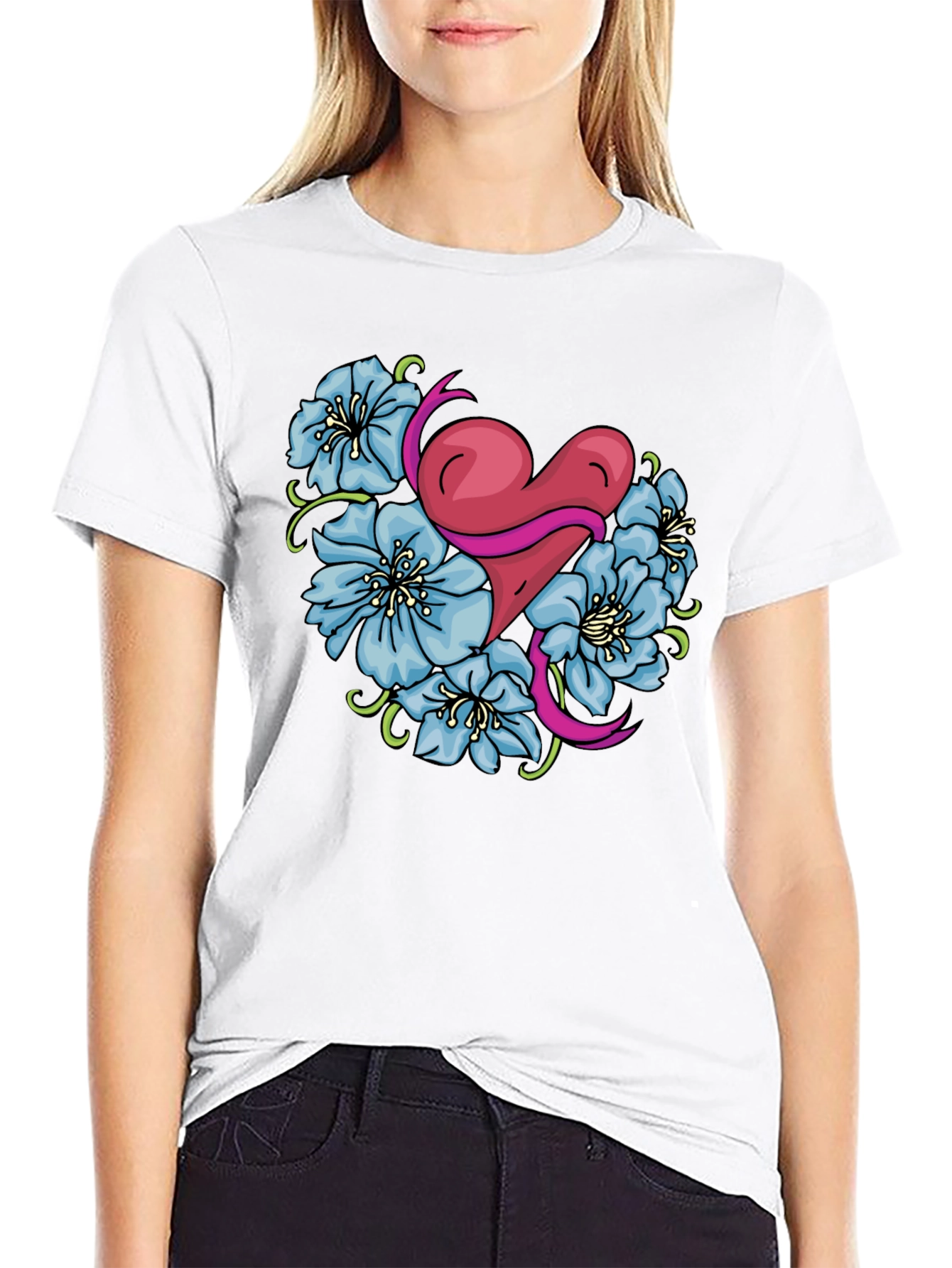 Heart & Flowers Graphic Tee - Stylish Black Shirt