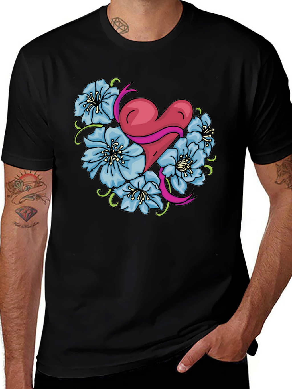 Heart & Flowers Graphic Tee - Stylish Black Shirt