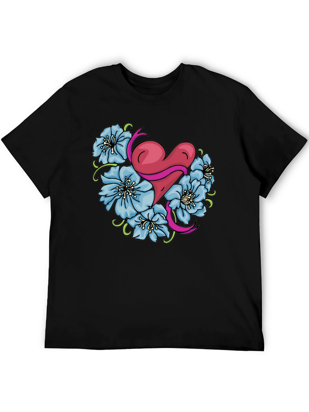 Heart & Flowers Graphic Tee - Stylish Black Shirt