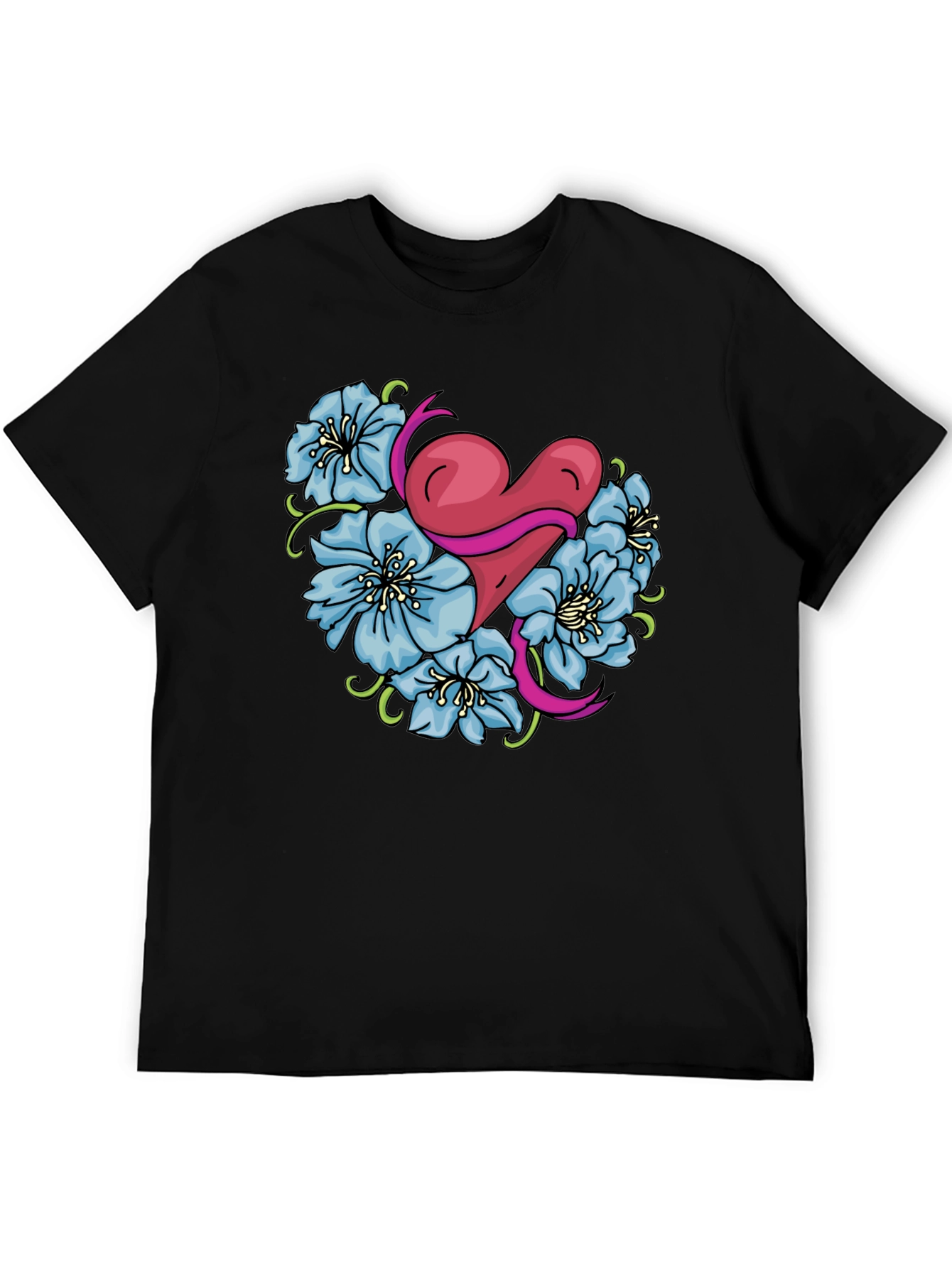 Heart & Flowers Graphic Tee - Stylish Black Shirt