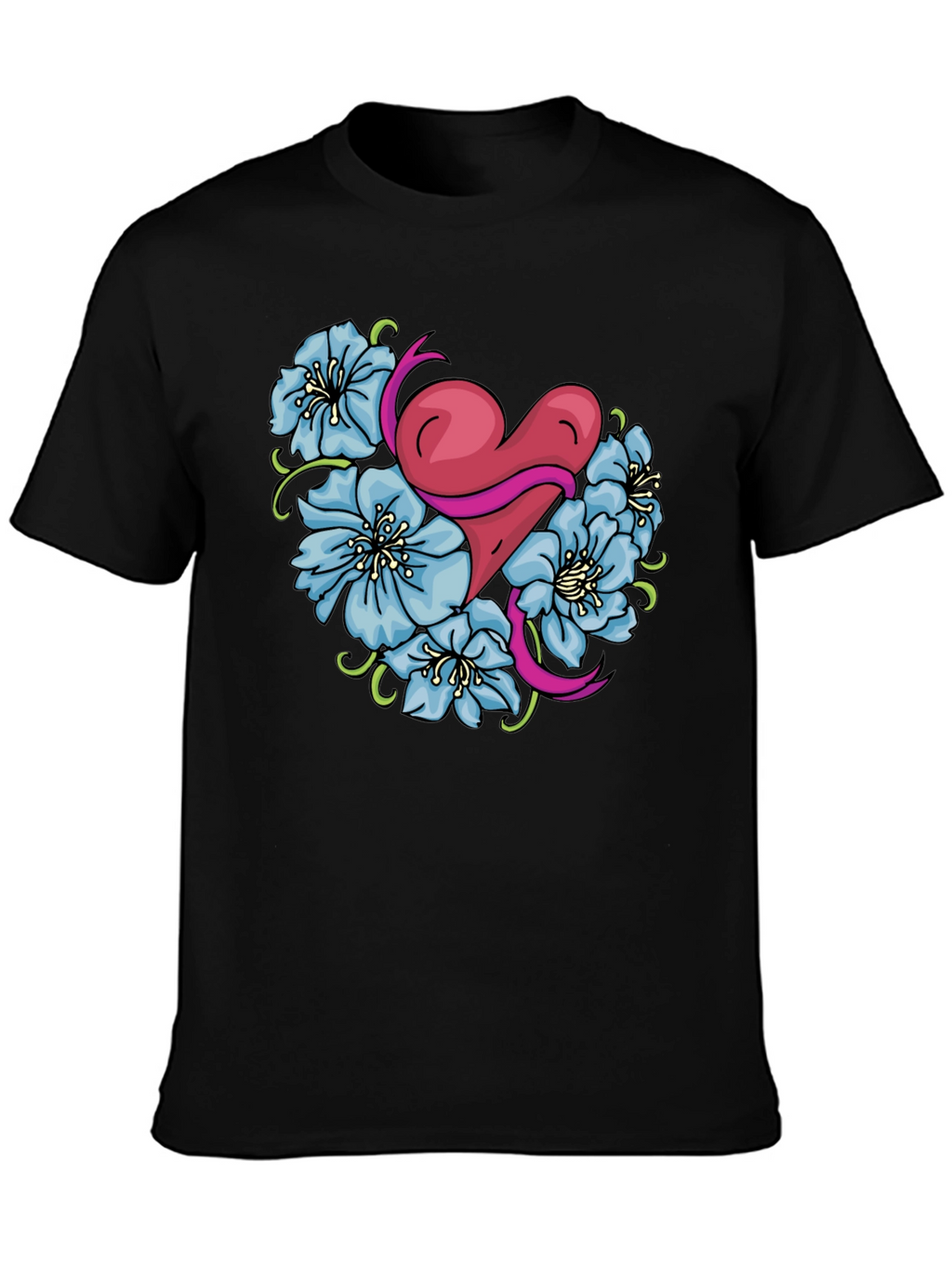 Heart & Flowers Graphic Tee - Stylish Black Shirt
