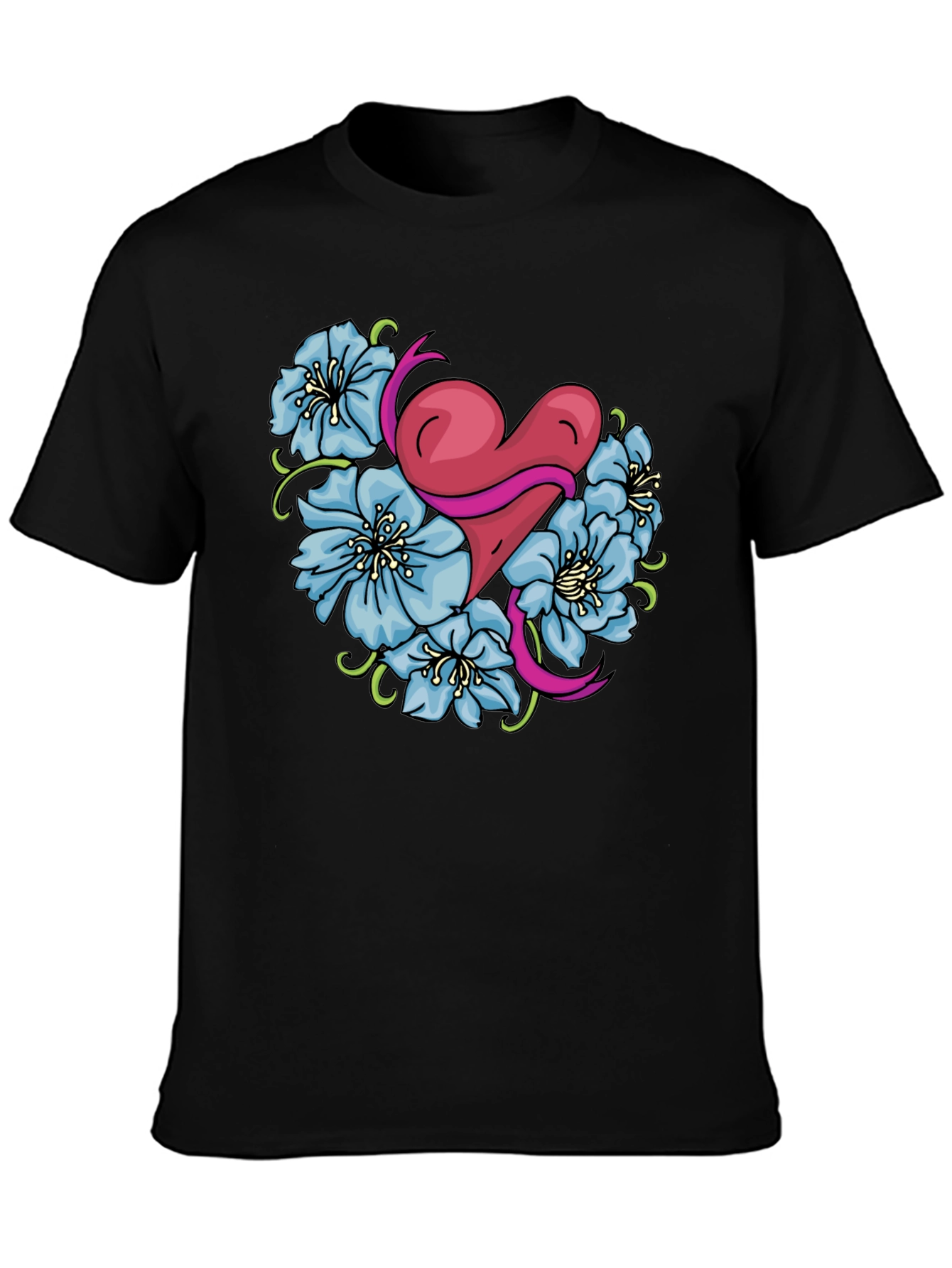 Heart & Flowers Graphic Tee - Stylish Black Shirt